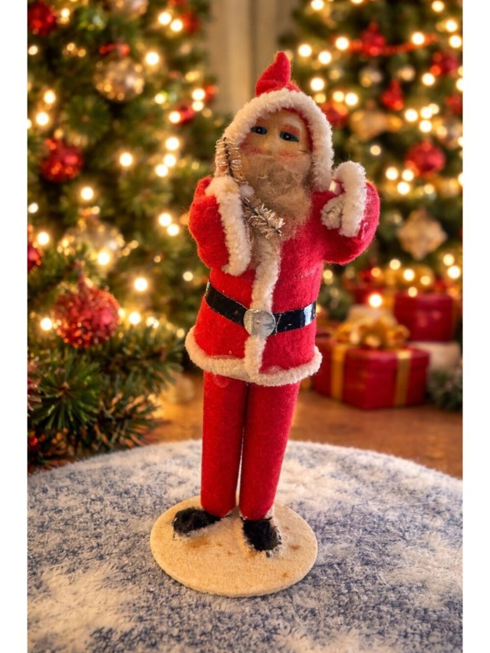 Vintage Japan Santa Claus Bottle Brush Tree Spun Cotton Beard Plastic Face 6"